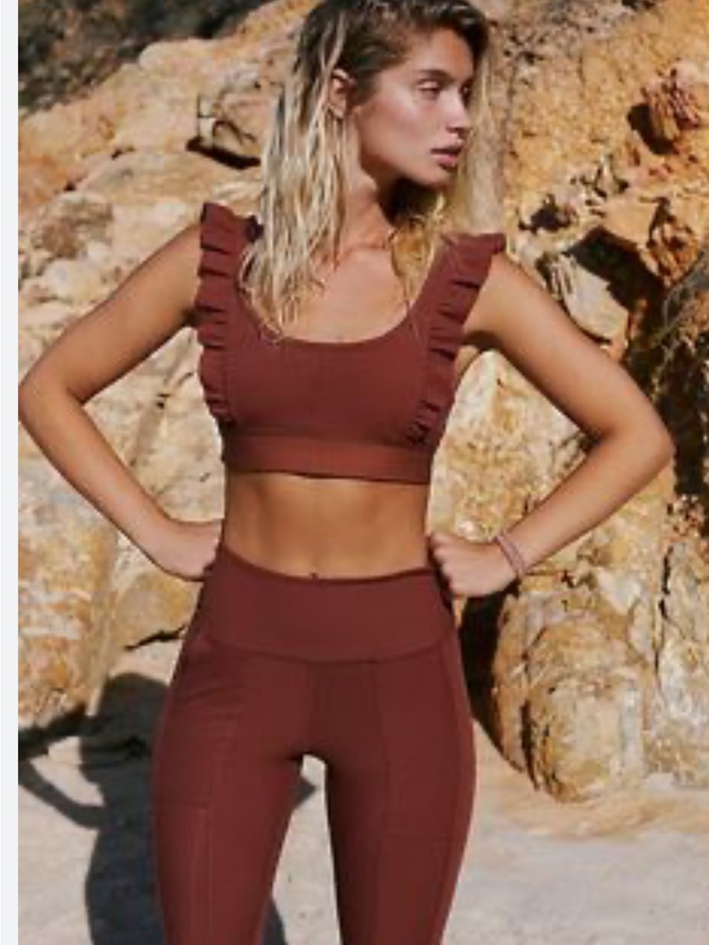 FP Movement Ruffle Me Up Bra & Good Karma High Rise Leggings Set Nutmeg S
